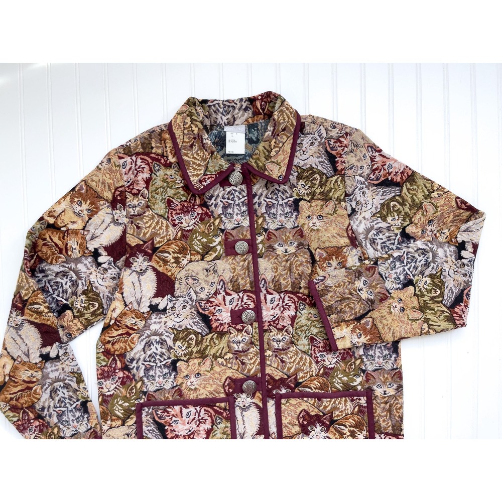 Vintage Cat Tapestry Jacket Woven Jacquard Button Front XL Multi-Color Pockets